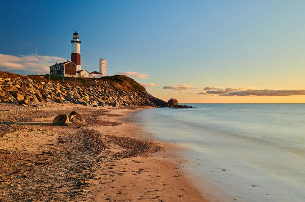 Montauk Lighthouse and beach at sunrise, Long Island, New York,